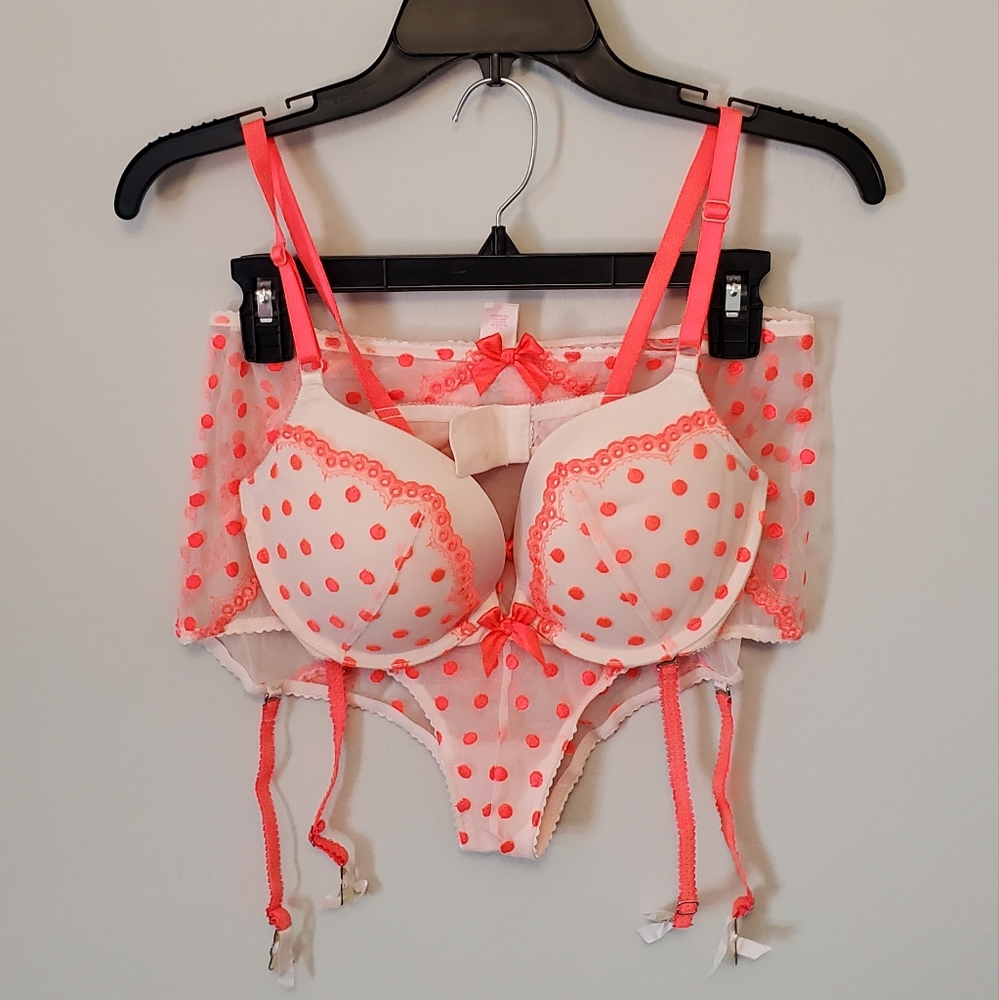Vintage Victoria's Secret White and Pink Polka Dot Bra and Panties